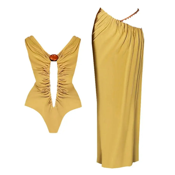Mustard yellow swimsuit with a matching cover-up on a white background
