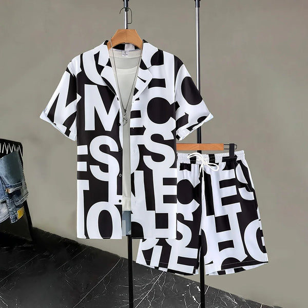 Men's Casual 2-Piece Shirt and Shorts Set, Plus Size Letter Print Button Down Vacation Outfit