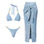 Blue bikini set with matching sarong on a white background