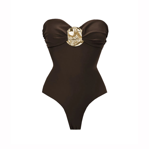 Brown swimsuit with gold embellishment on a white background
