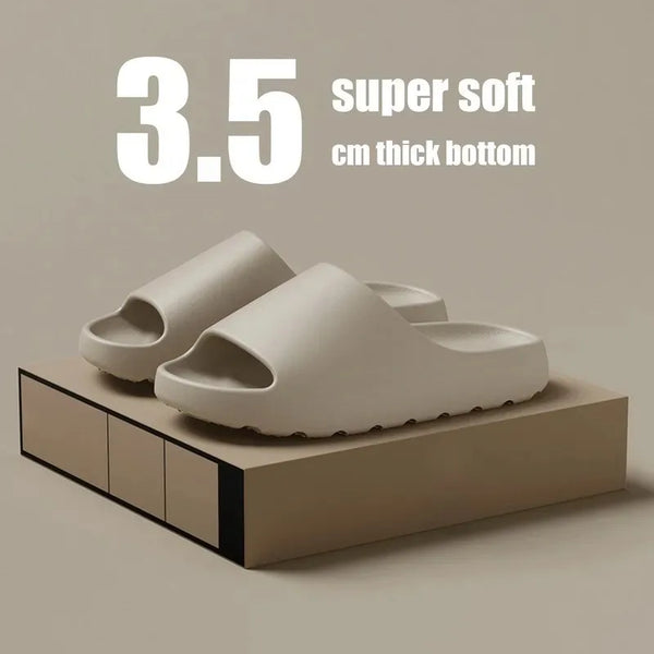 Beige sandals with text indicating '3.5 super soft cm thick bottom' on a beige background