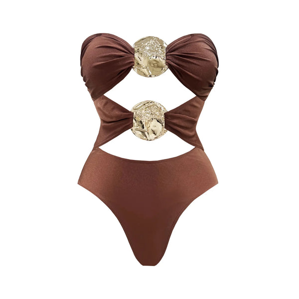 Brown swimsuit with decorative elements on a white background