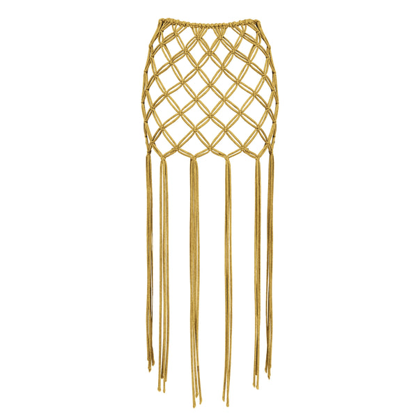 Gold woven skirt with fringe on a white background