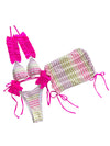 Colorful bikini set with pink straps on a gray background, branded 'Varleinsar'.