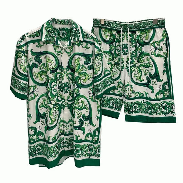 Green and white patterned shirt and shorts set on a white background