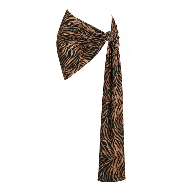 Zebra print scarf tied in a knot on a white background