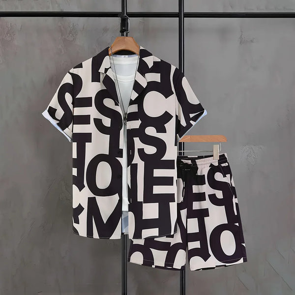 Men's Casual 2-Piece Shirt and Shorts Set, Plus Size Letter Print Button Down Vacation Outfit