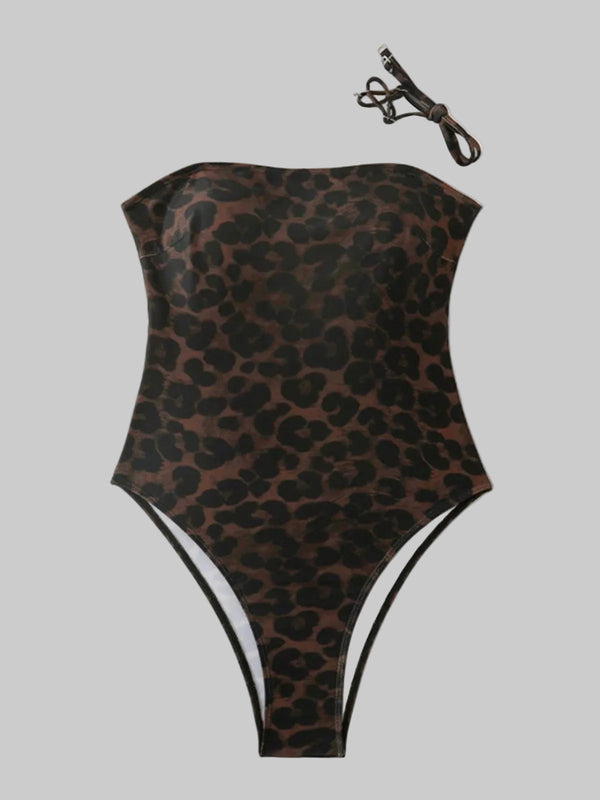 Leopard Printed Bandeau Women One Piece Swimsuit