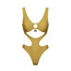 Mustard yellow swimsuit with a unique design on a white background