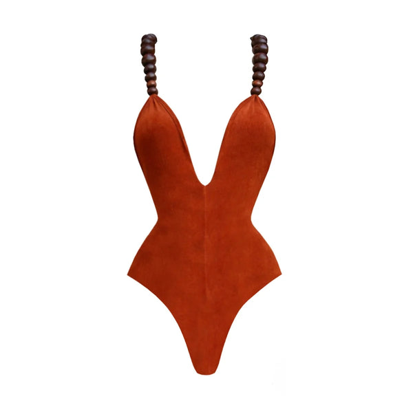 Brown bodysuit with wooden beads on a white background