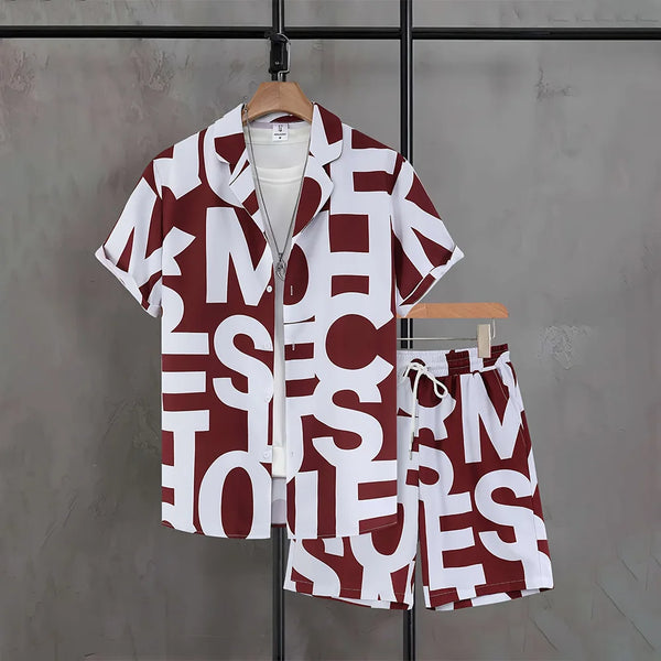 Men's Casual 2-Piece Shirt and Shorts Set, Plus Size Letter Print Button Down Vacation Outfit