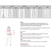 Size chart for swimwear with measurements in centimeters and inches, including a diagram of a woman's body.