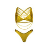 Yellow bikini set with criss-cross design on a white background
