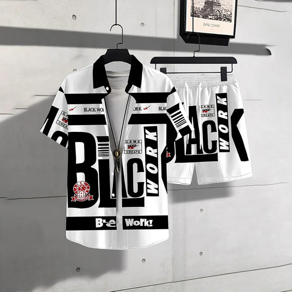 Men's Casual 2-Piece Shirt and Shorts Set, Plus Size Letter Print Button Down Vacation Outfit