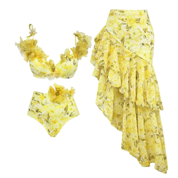 Yellow floral bikini set with matching top and bottom on a white background