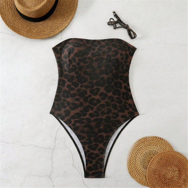 Leopard Printed Bandeau Women One Piece Swimsuit