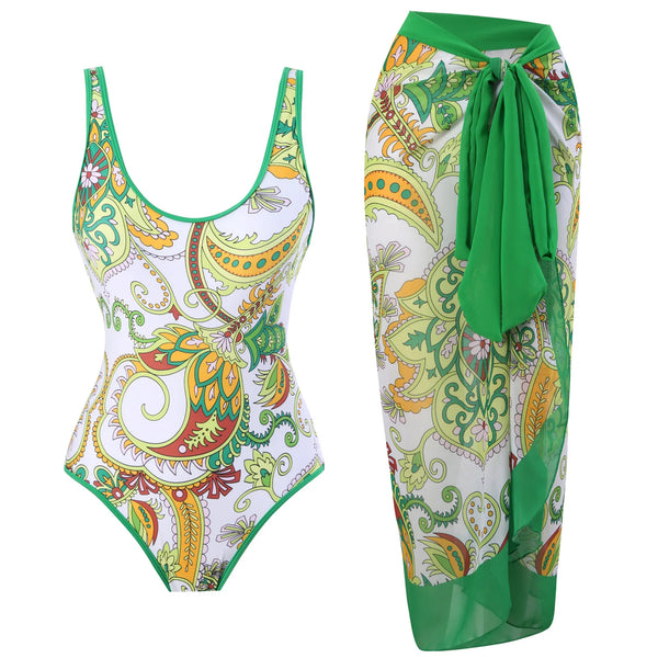 Colorful swimsuit set with paisley pattern on a white background