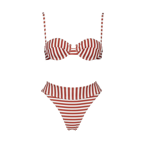 Red and white striped bikini set on a white background